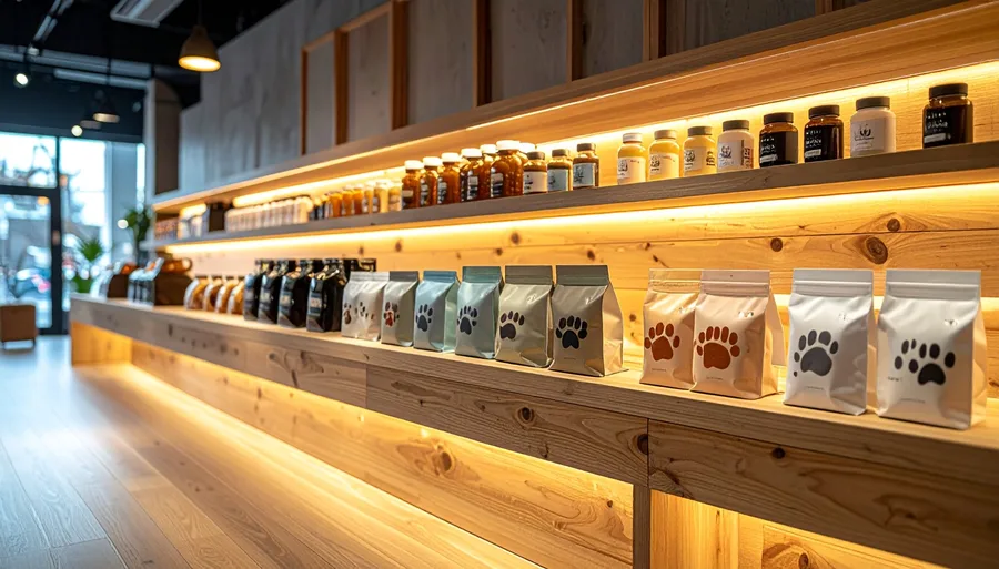 Premium pet food and supplement products on illuminated retail shelving