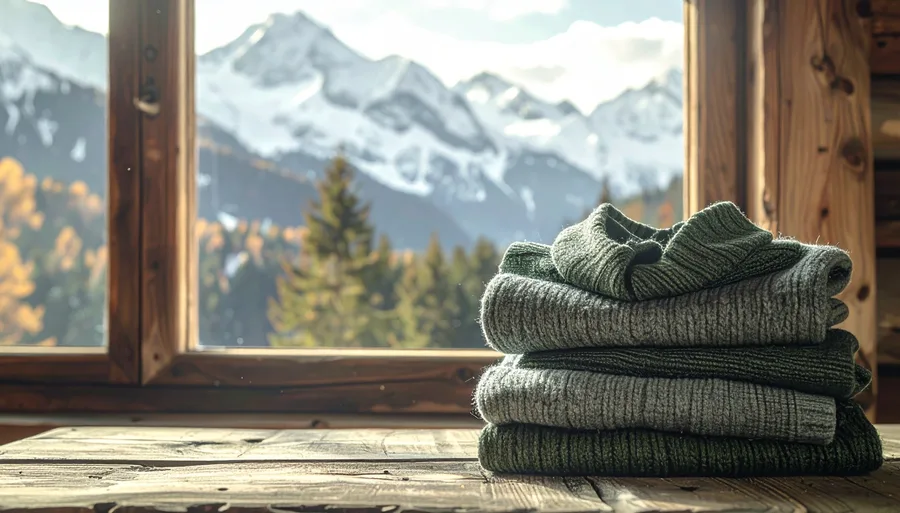 Folded merino wool base layers in alpine hut with mountain view
