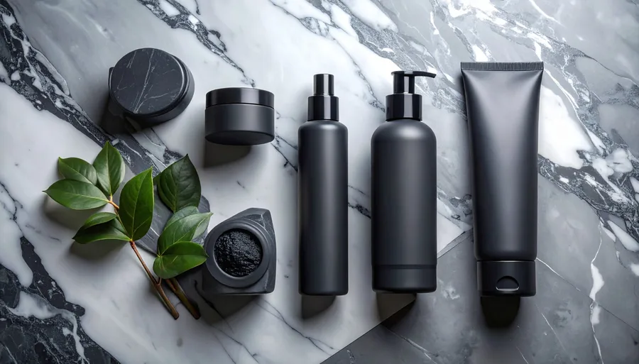 Premium men's skincare products in dark packaging on marble surface
