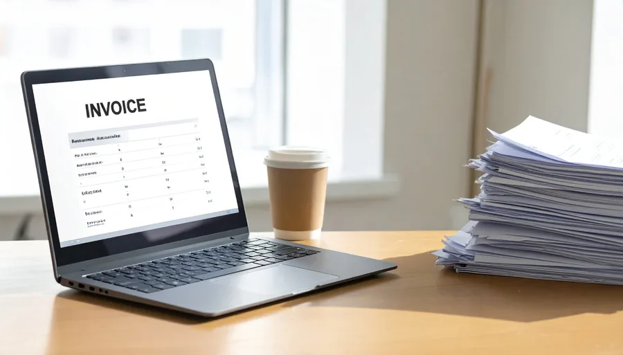 Laptop showing invoice processing software beside a large stack of paper invoices