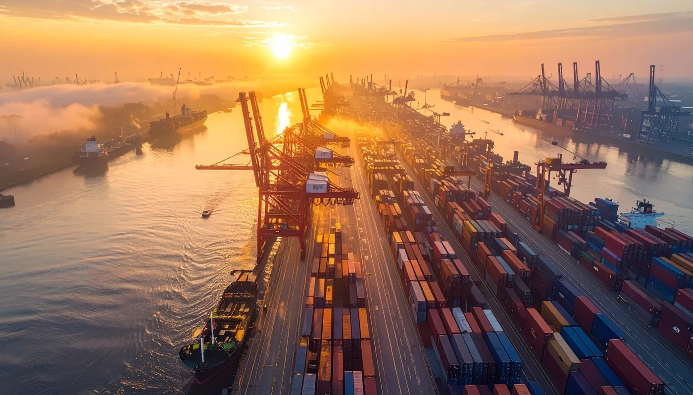 Hamburg container port at sunrise — international goods entering the German market