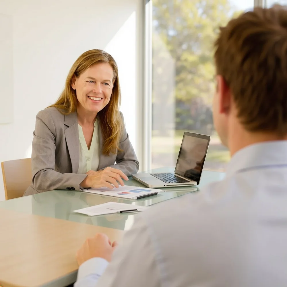 Senior business consultant in a client meeting — representing a real conversation about Germany