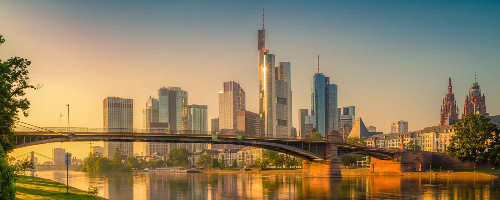 Frankfurt financial district skyline at golden hour
